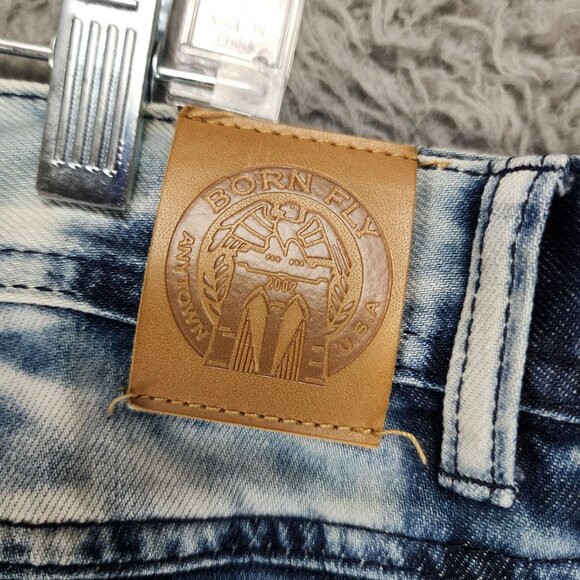 Born Fly Jeans Mens 40 Medium Wash Stretch Mid Rise Distressed Patch Streetwear - Picture 10 of 13